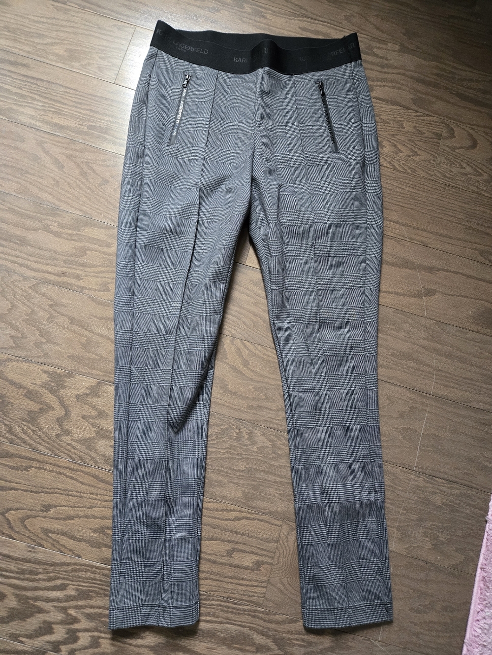 Karl Lagerfeld Womens Black & Gray Plaid Stretch Pull On Pants Trousers